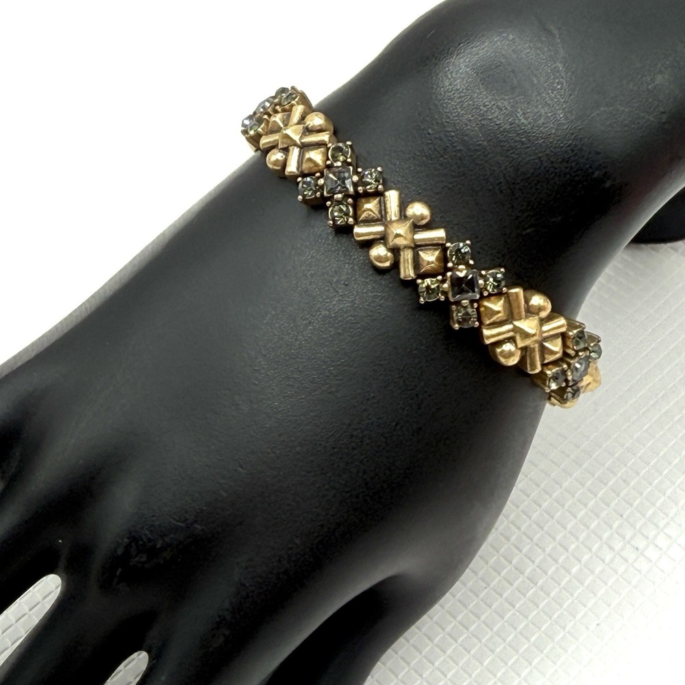 J. Crew Gold Toned X Pattern Stretch Bracelet with Dark Grey Crystal Accents